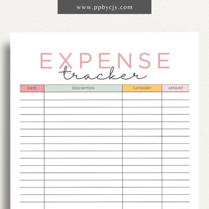 Expense Spending Tracker Printable Template – Digital Download for Monitoring Expenses with sections for categories, amounts, dates, and notes to help manage and review spending habits.