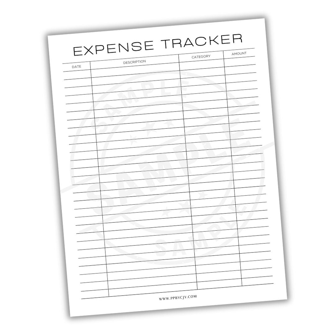 Expense tracker sheet with columns for date, description, category, and amount on a white background.