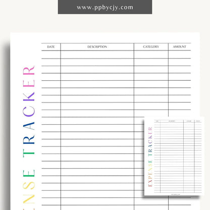 Expense Spending Tracker Printable Template – Digital Download for Monitoring Expenses with sections for categories, amounts, dates, and notes to help manage and review spending habits.