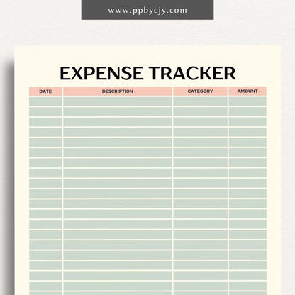 Expense Spending Tracker Printable Template – Digital Download for Monitoring Expenses with sections for categories, amounts, dates, and notes to help manage and review spending habits.