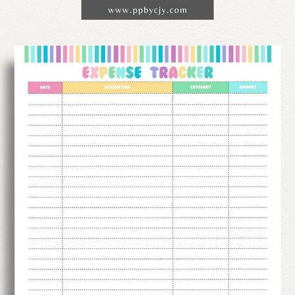 Expense Spending Tracker Printable Template – Digital Download for Monitoring Expenses with sections for categories, amounts, dates, and notes to help manage and review spending habits.