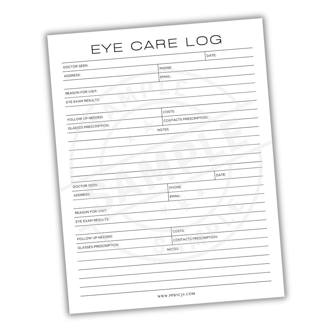 Eye care log sheet on a white background