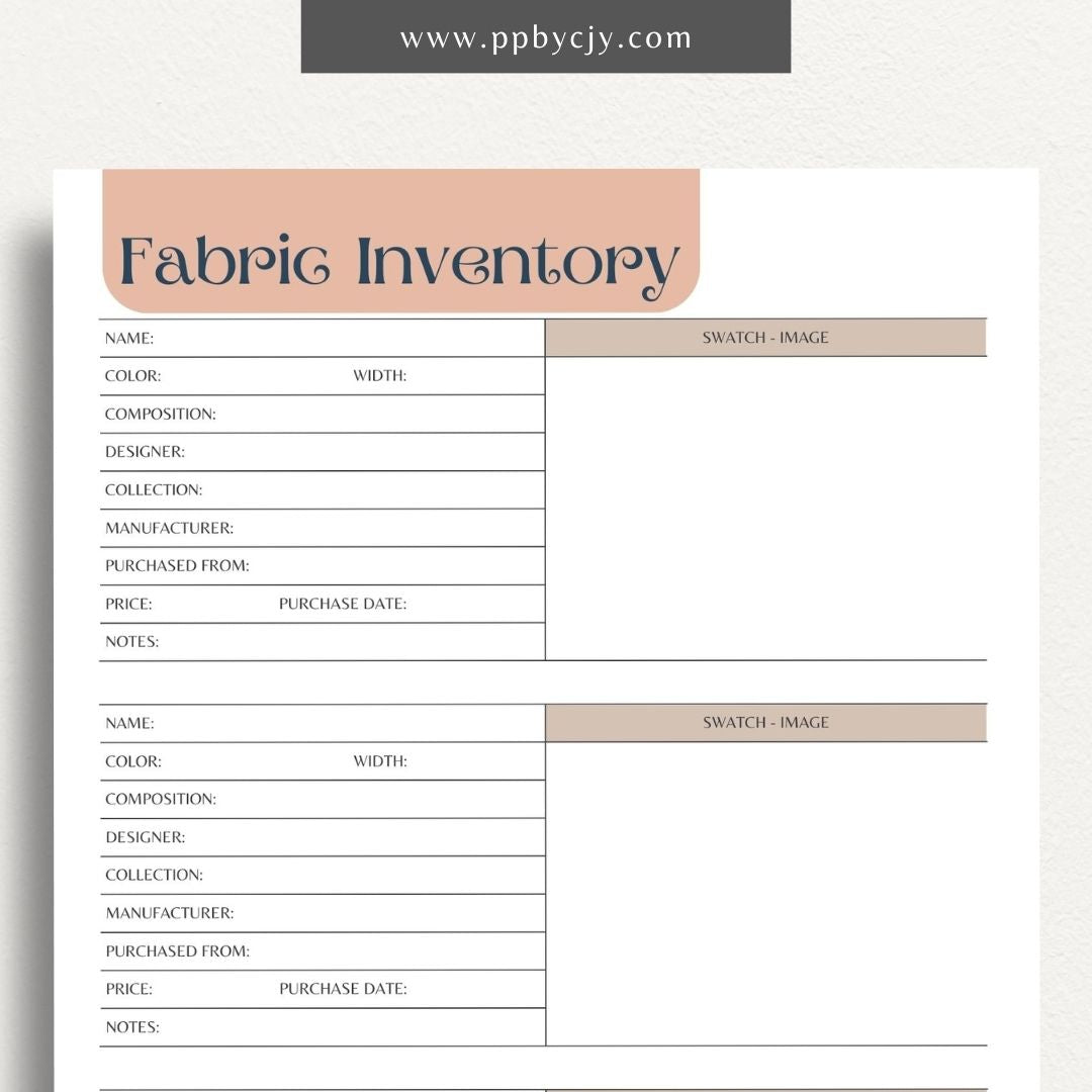 Fabric Inventory Printable Template – Digital Download for Organizing Fabric Stash with sections for fabric types, quantities, purchase dates, and storage locations.