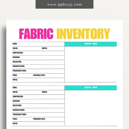 Fabric Inventory Printable Template – Digital Download for Organizing Fabric Stash with sections for fabric types, quantities, purchase dates, and storage locations.