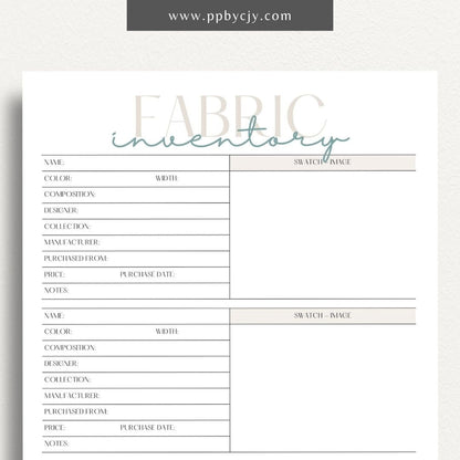 Fabric Inventory Printable Template – Digital Download for Organizing Fabric Stash with sections for fabric types, quantities, purchase dates, and storage locations.