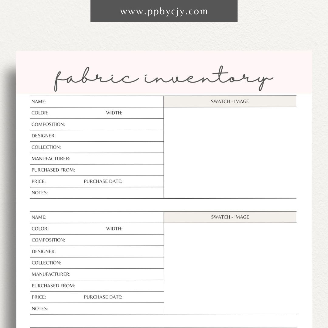 Fabric Inventory Printable Template – Digital Download for Organizing Fabric Stash with sections for fabric types, quantities, purchase dates, and storage locations.