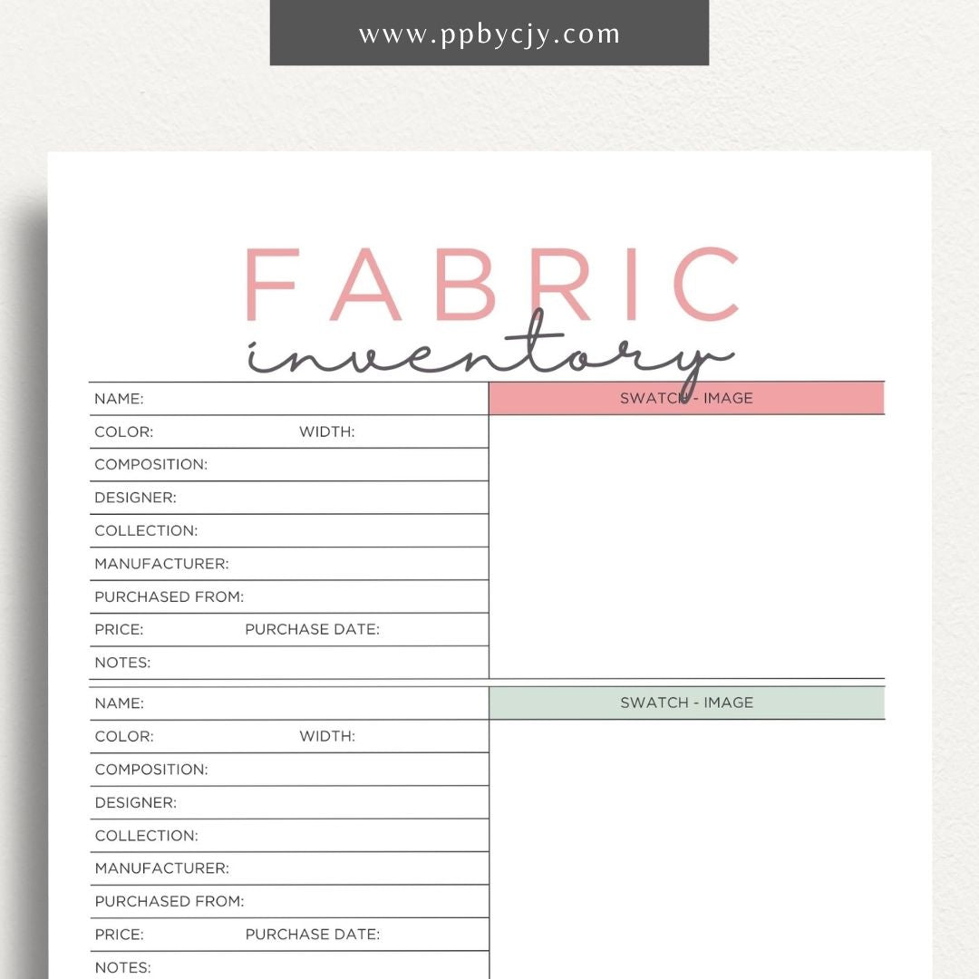 Fabric Inventory Printable Template – Digital Download for Organizing Fabric Stash with sections for fabric types, quantities, purchase dates, and storage locations.