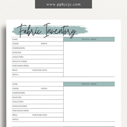 Fabric Inventory Printable Template – Digital Download for Organizing Fabric Stash with sections for fabric types, quantities, purchase dates, and storage locations.