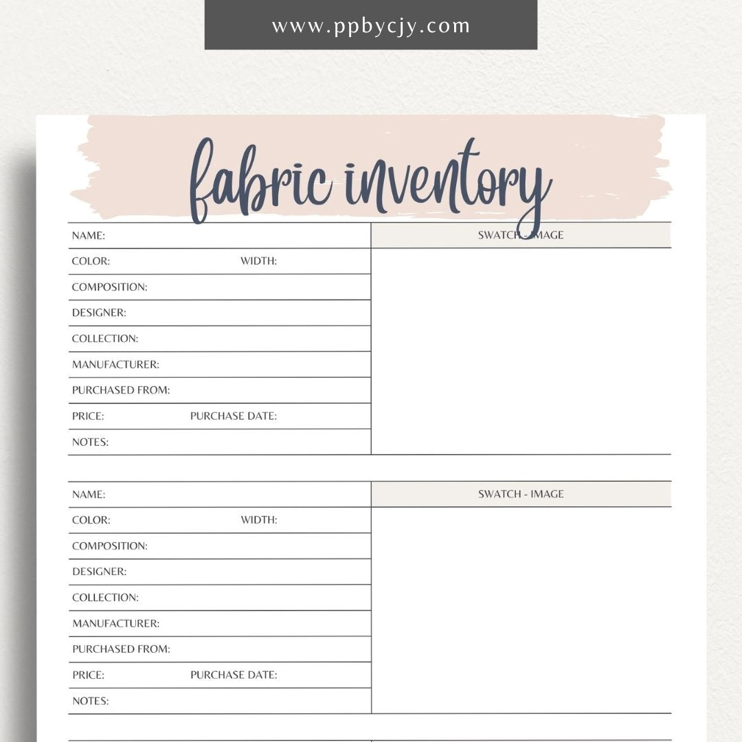 Fabric Inventory Printable Template – Digital Download for Organizing Fabric Stash with sections for fabric types, quantities, purchase dates, and storage locations.