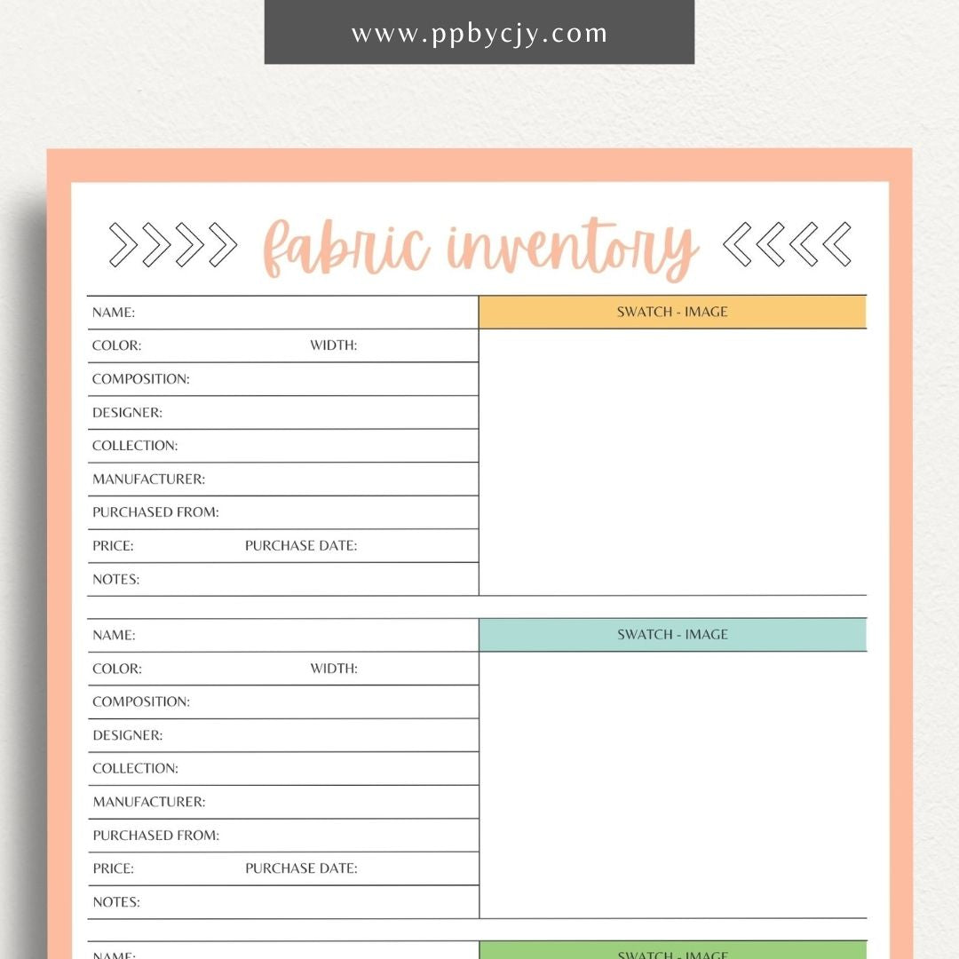 Fabric Inventory Printable Template – Digital Download for Organizing Fabric Stash with sections for fabric types, quantities, purchase dates, and storage locations.