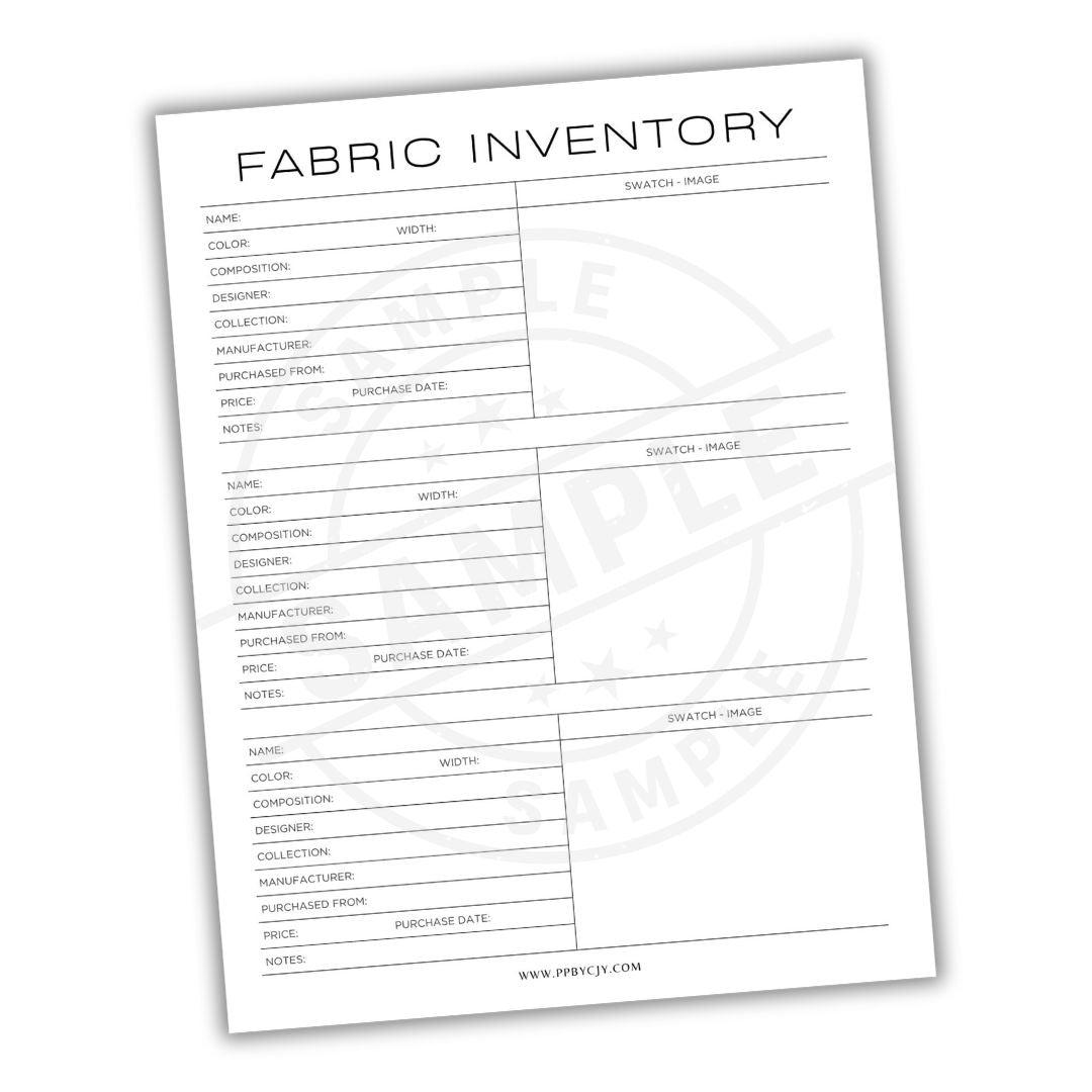Fabric inventory sheet with columns for fabric details on a white background