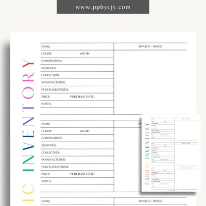 Fabric Inventory Printable Template – Digital Download for Organizing Fabric Stash with sections for fabric types, quantities, purchase dates, and storage locations.