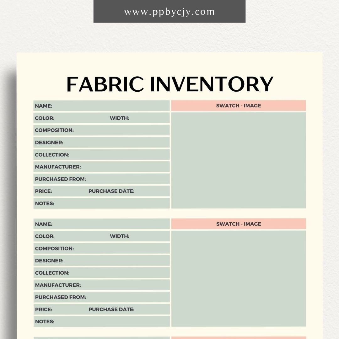 Fabric Inventory Printable Template – Digital Download for Organizing Fabric Stash with sections for fabric types, quantities, purchase dates, and storage locations.