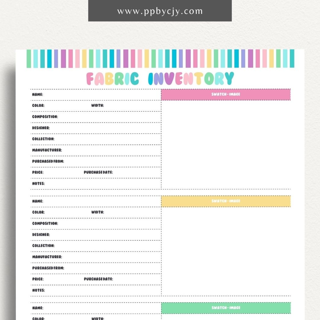 Fabric Inventory Printable Template – Digital Download for Organizing Fabric Stash with sections for fabric types, quantities, purchase dates, and storage locations.