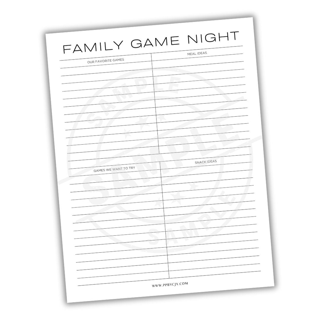 Sheet with 'Family Game Night' headings and columns on a white background