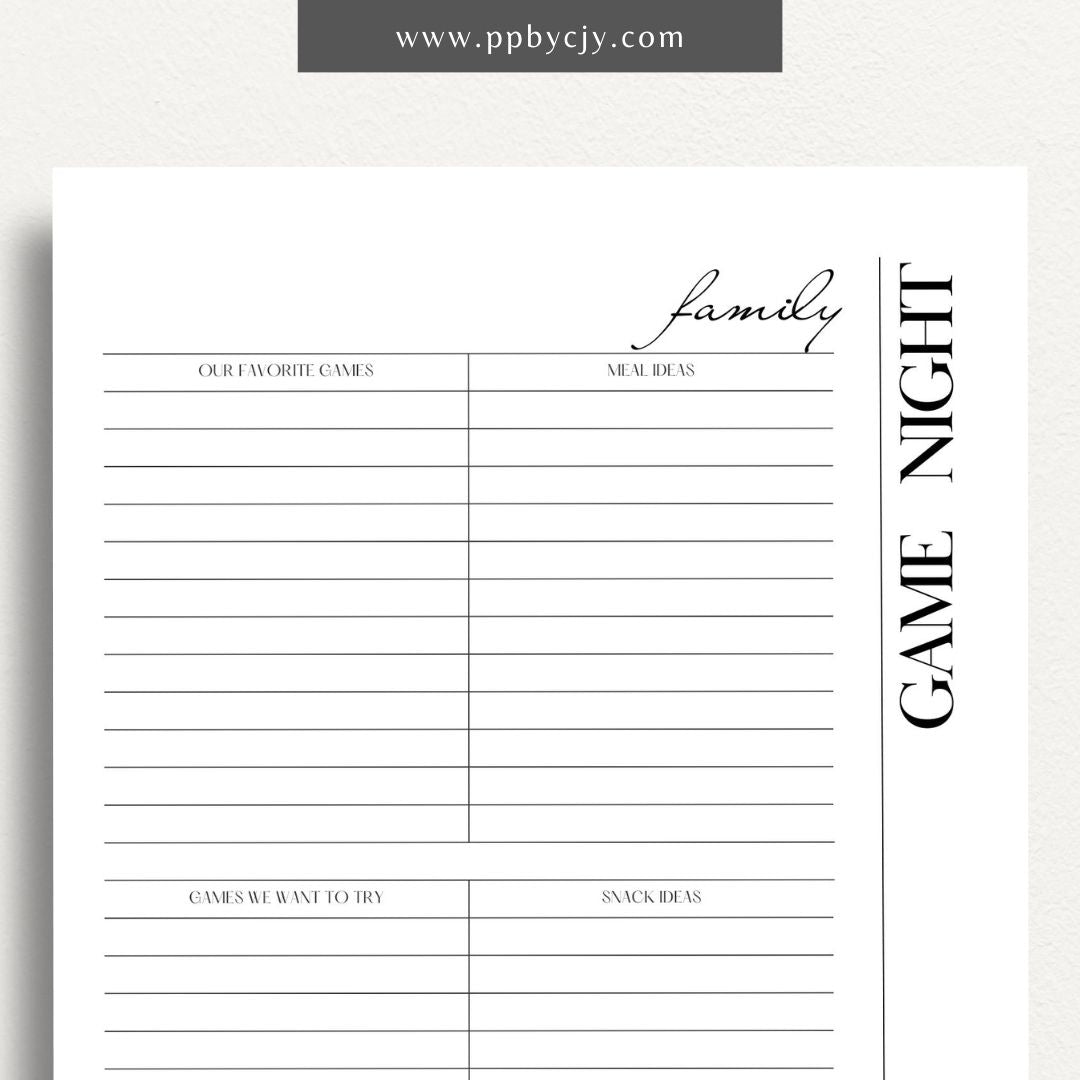 printable template page with columns and rows related to family game night