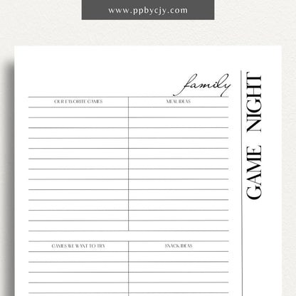 printable template page with columns and rows related to family game night