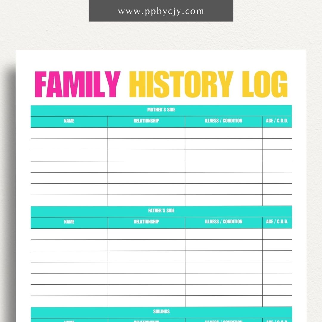 printable template page with columns and rows related to family medical history