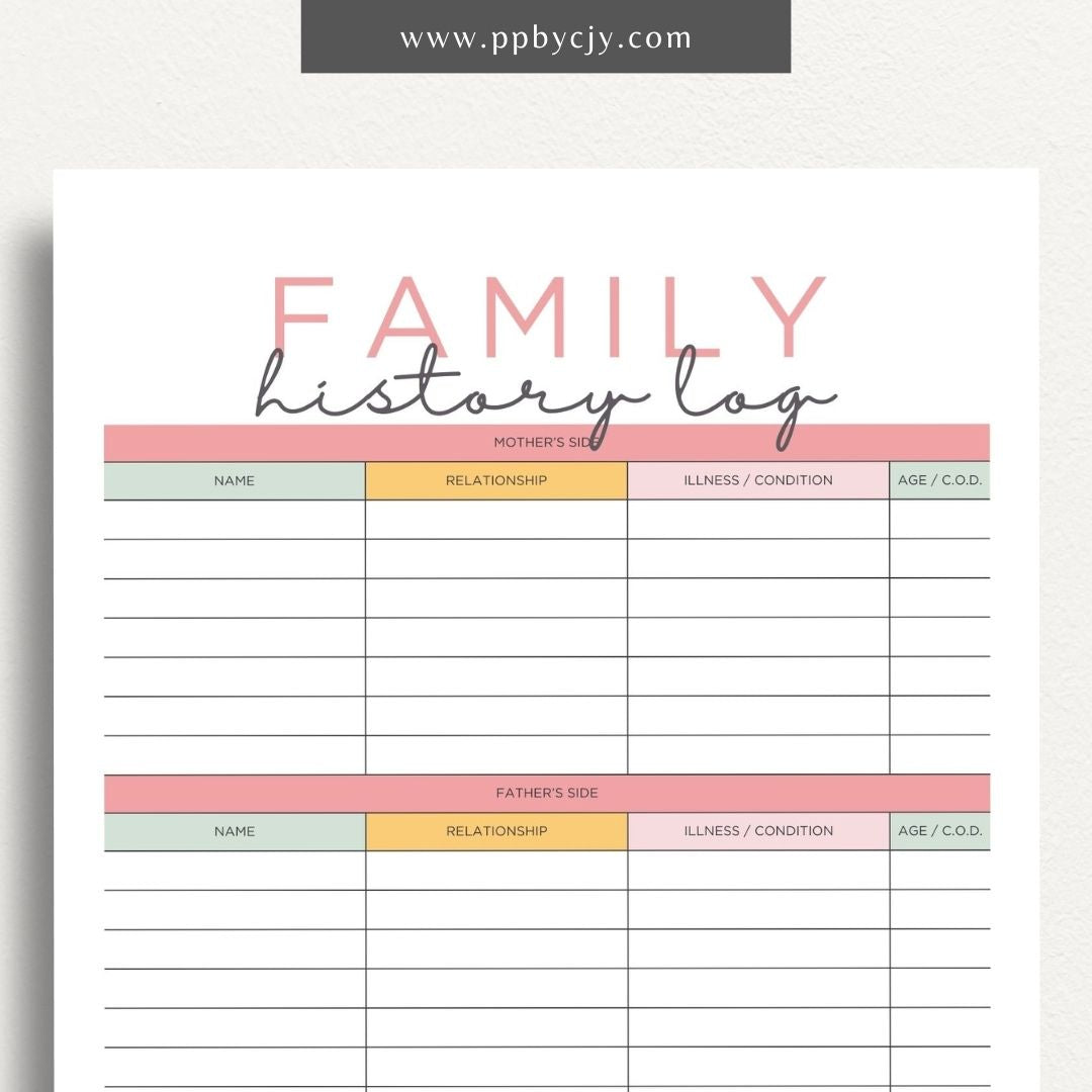 printable template page with columns and rows related to family medical history
