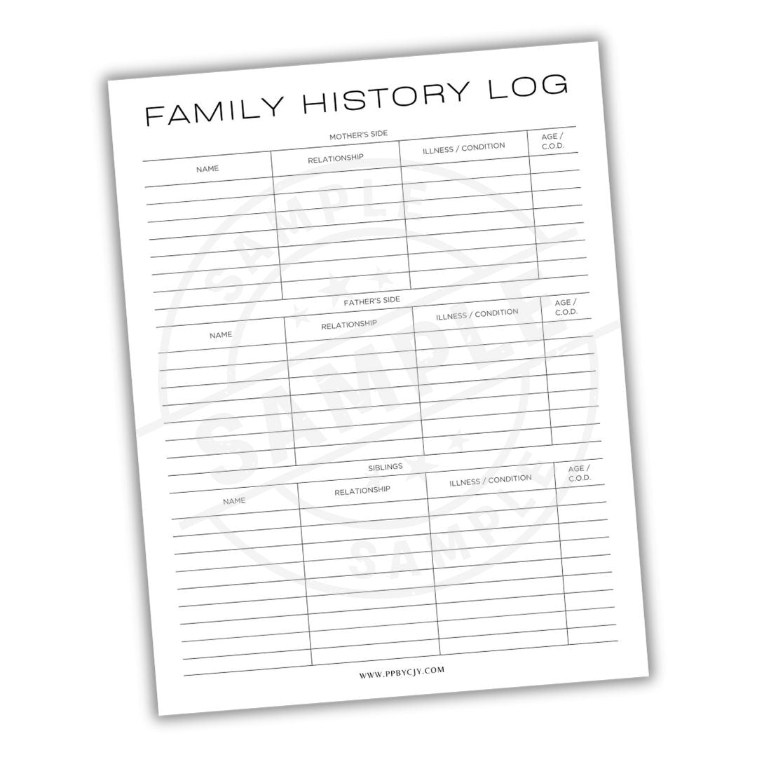 Family history log sheet with columns for name, relationship, and age on a white background.
