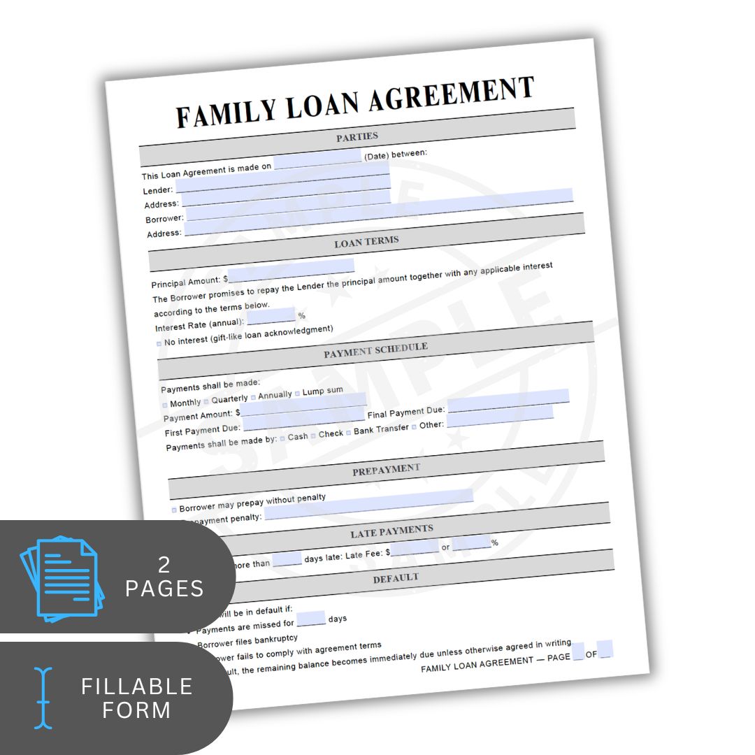 Family loan agreement form with fillable text on a white background