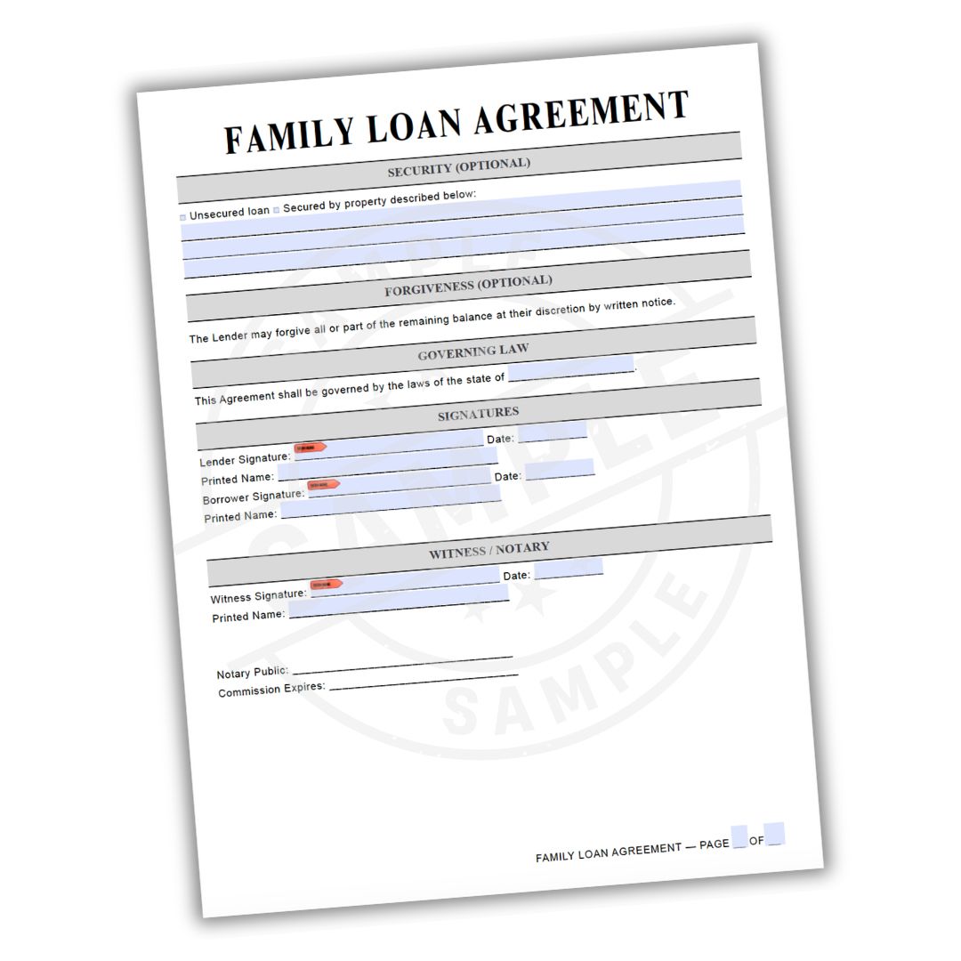 Family loan agreement form on a white background