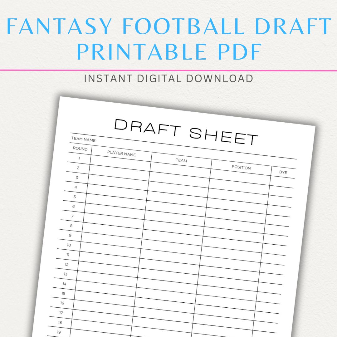 Fantasy Football Draft Sheet Printable PDF Template with sections for player rankings, draft round tracking, position notes, and team roster organization.