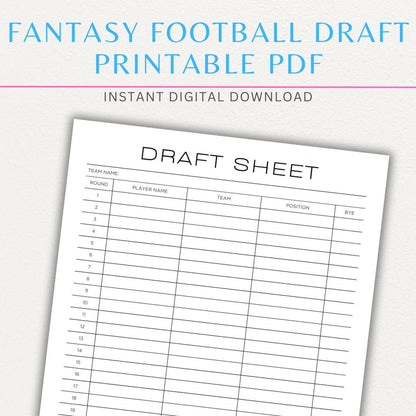 Fantasy Football Draft Sheet Printable PDF Template with sections for player rankings, draft round tracking, position notes, and team roster organization.