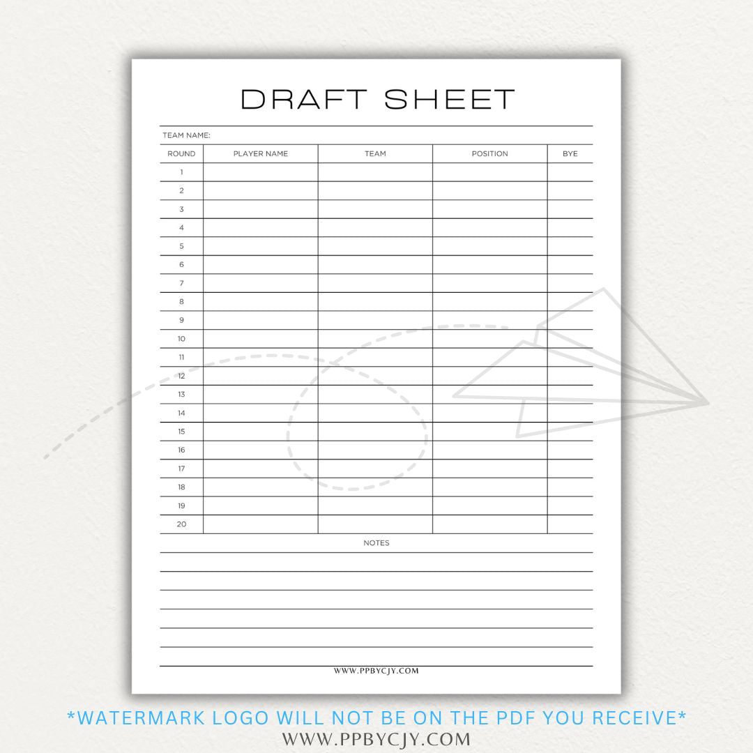 Fantasy Football Draft Sheet Printable PDF Template with sections for player rankings, draft round tracking, position notes, and team roster organization.