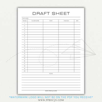 Fantasy Football Draft Sheet Printable PDF Template with sections for player rankings, draft round tracking, position notes, and team roster organization.