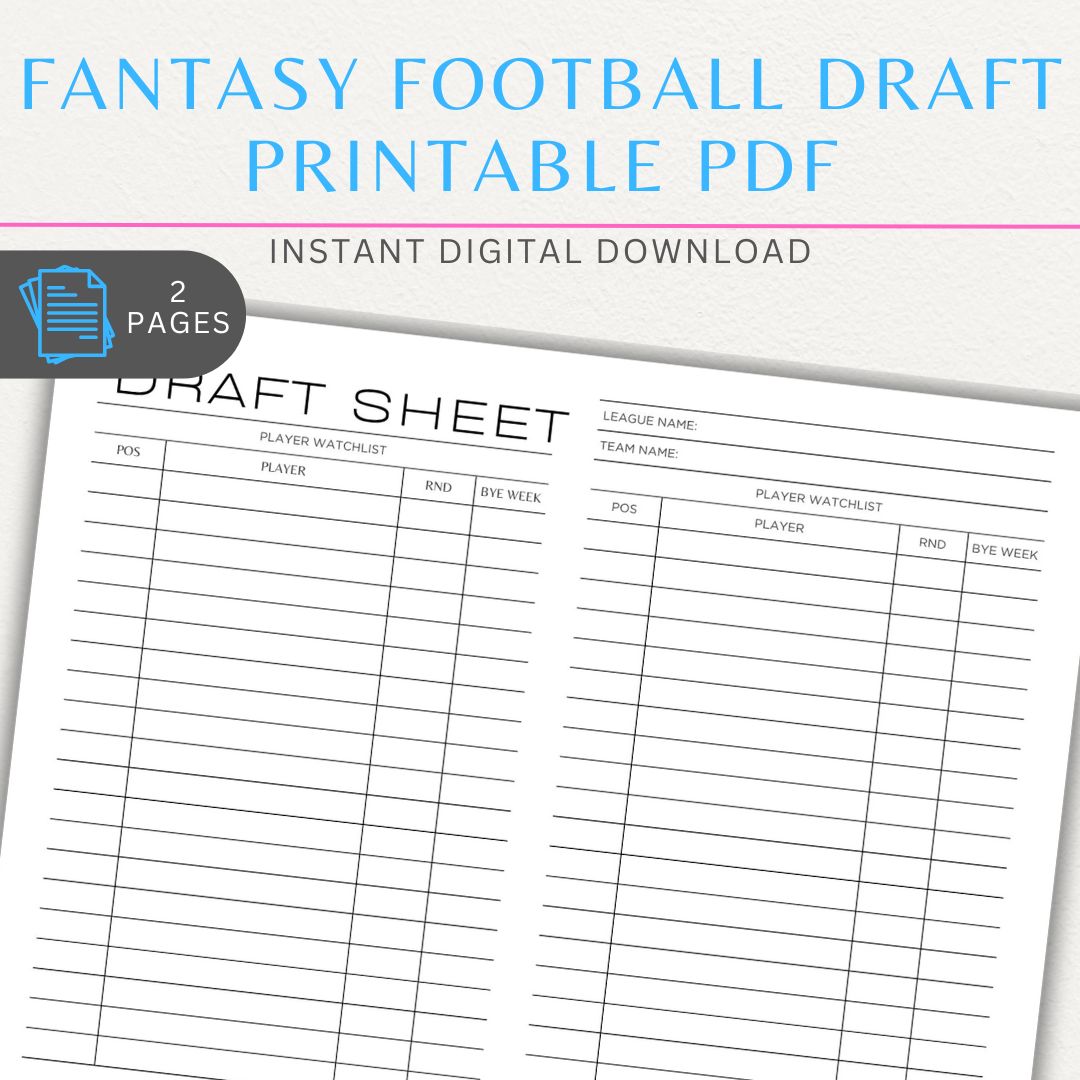 Fantasy Football Draft Printable PDF Template Bundle with player ranking sheets, position trackers, draft round organizers, and team roster planners.

