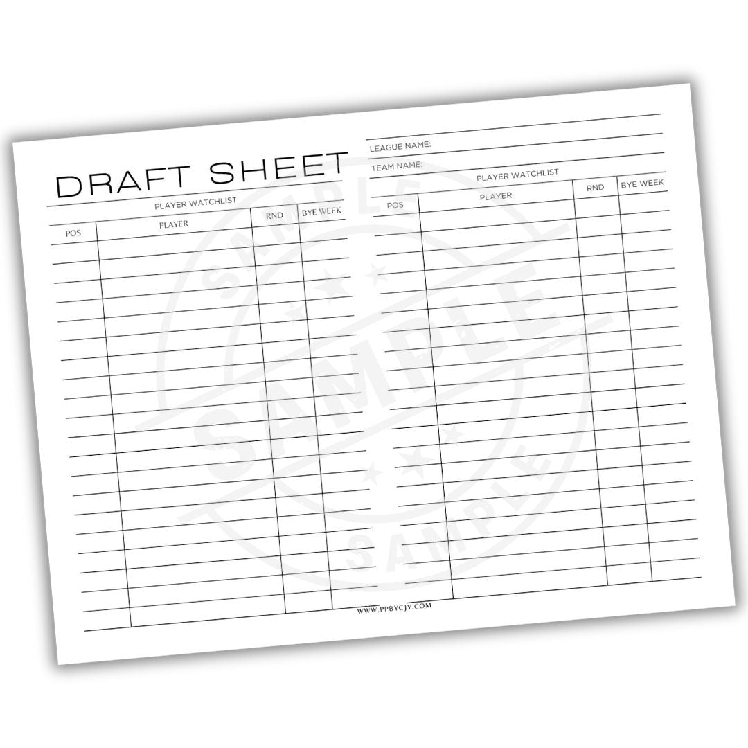 Draft sheet with columns for player information on a white background