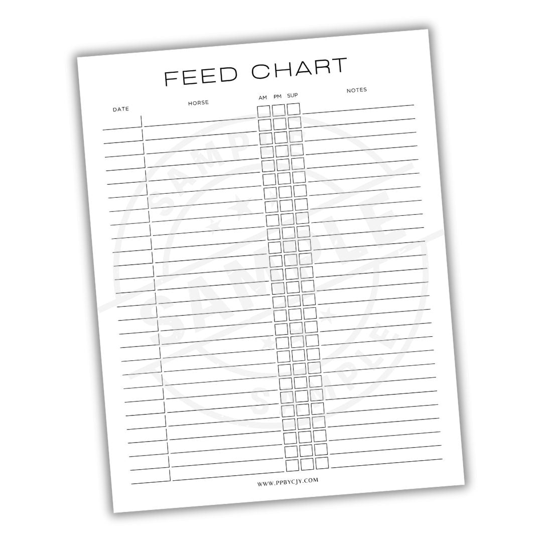 Feed chart with columns for date, time, and notes on a white background