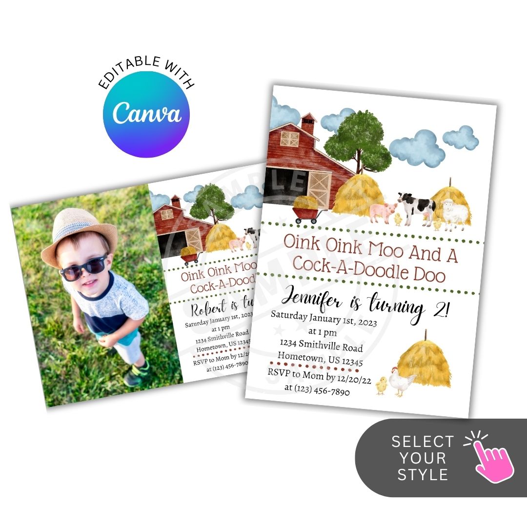 Farm-themed birthday invitation with barn, animals, and child photo on a white background.