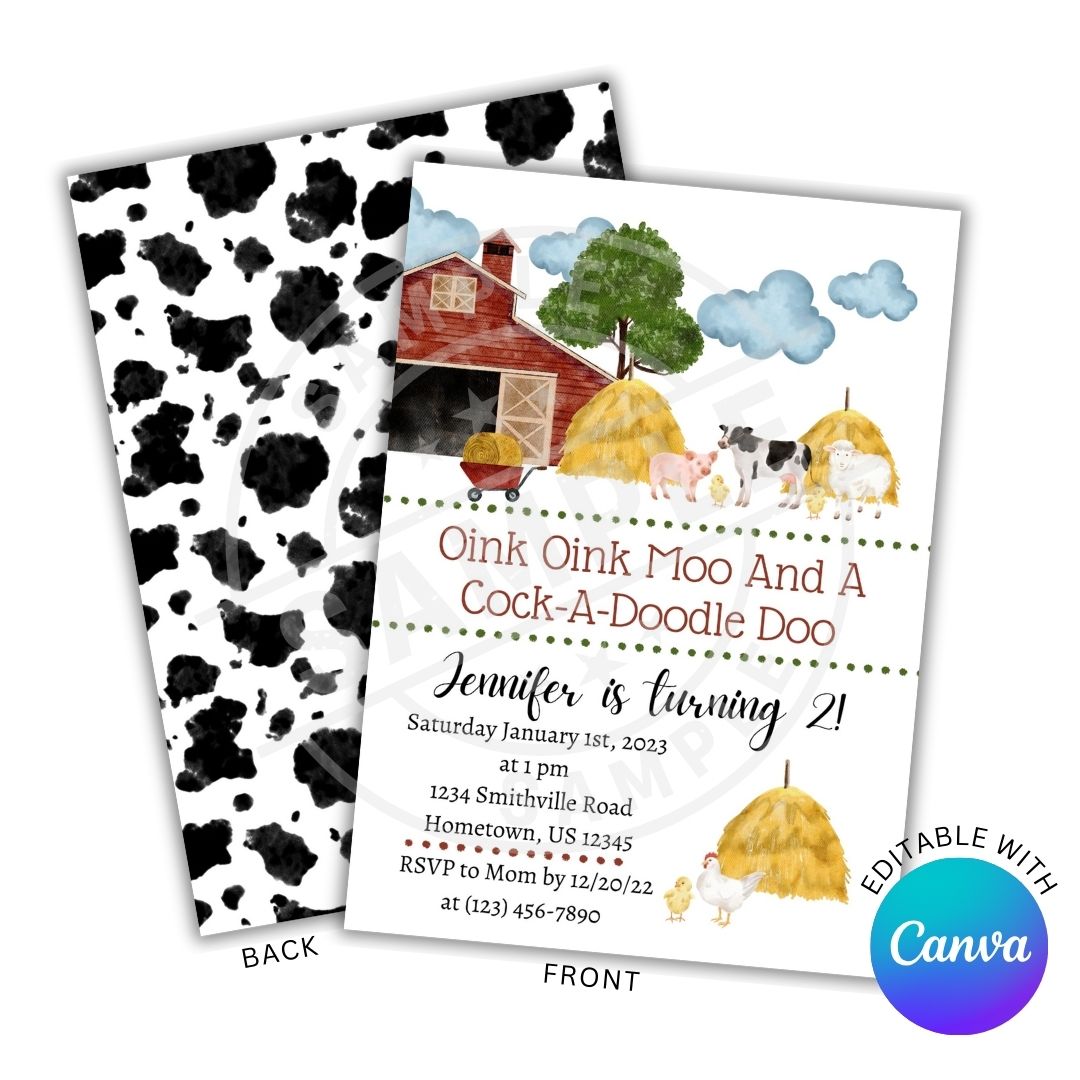 Children's birthday invitation with farm theme and cow patterned back
