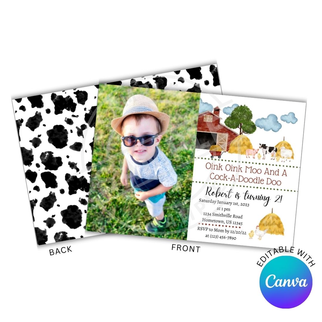 Children's birthday party invitation with cow print and photo of a child, featuring Canva branding.