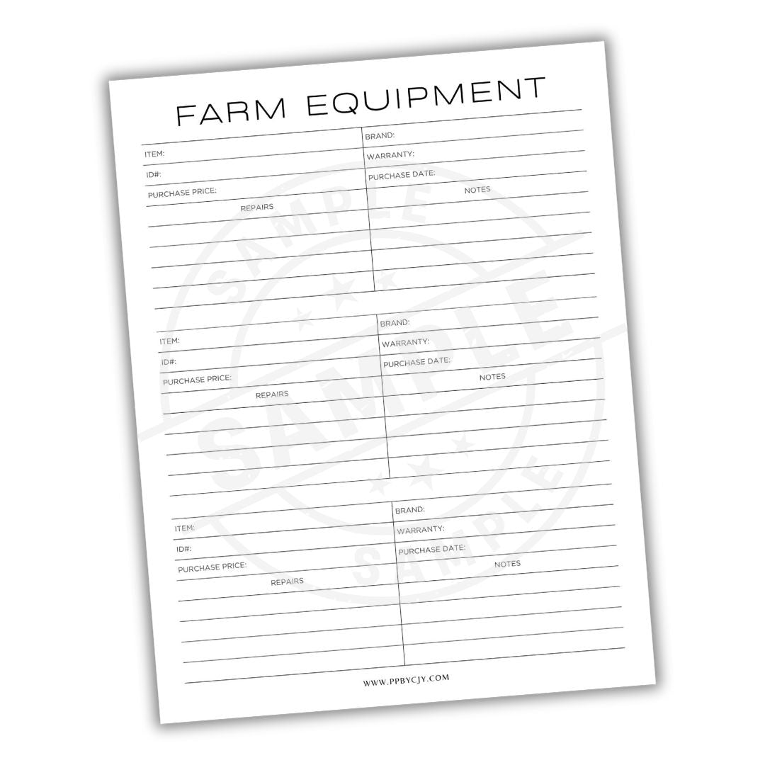 Farm equipment log sheet on a white background