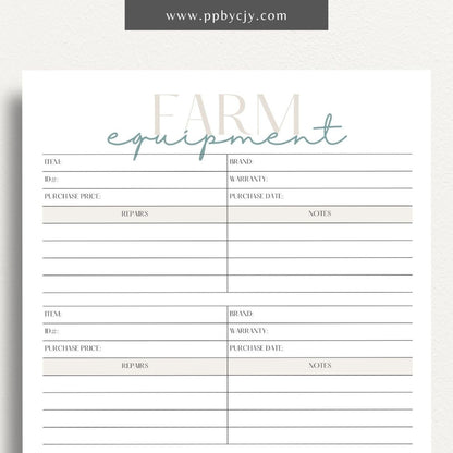 printable template page with columns and rows related to farm equipment tracking
