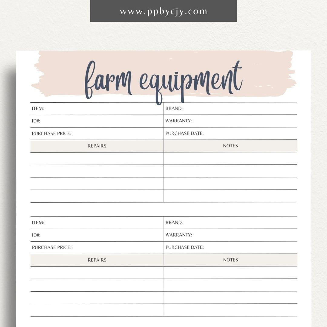 printable template page with columns and rows related to farm equipment tracking