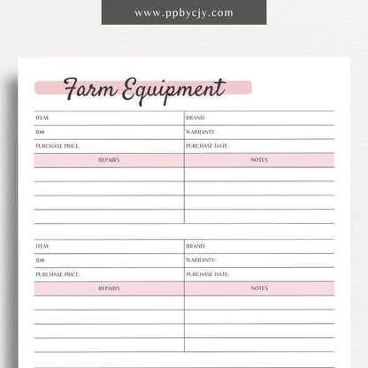 Farm Equipment Tracker Printable PDF Template