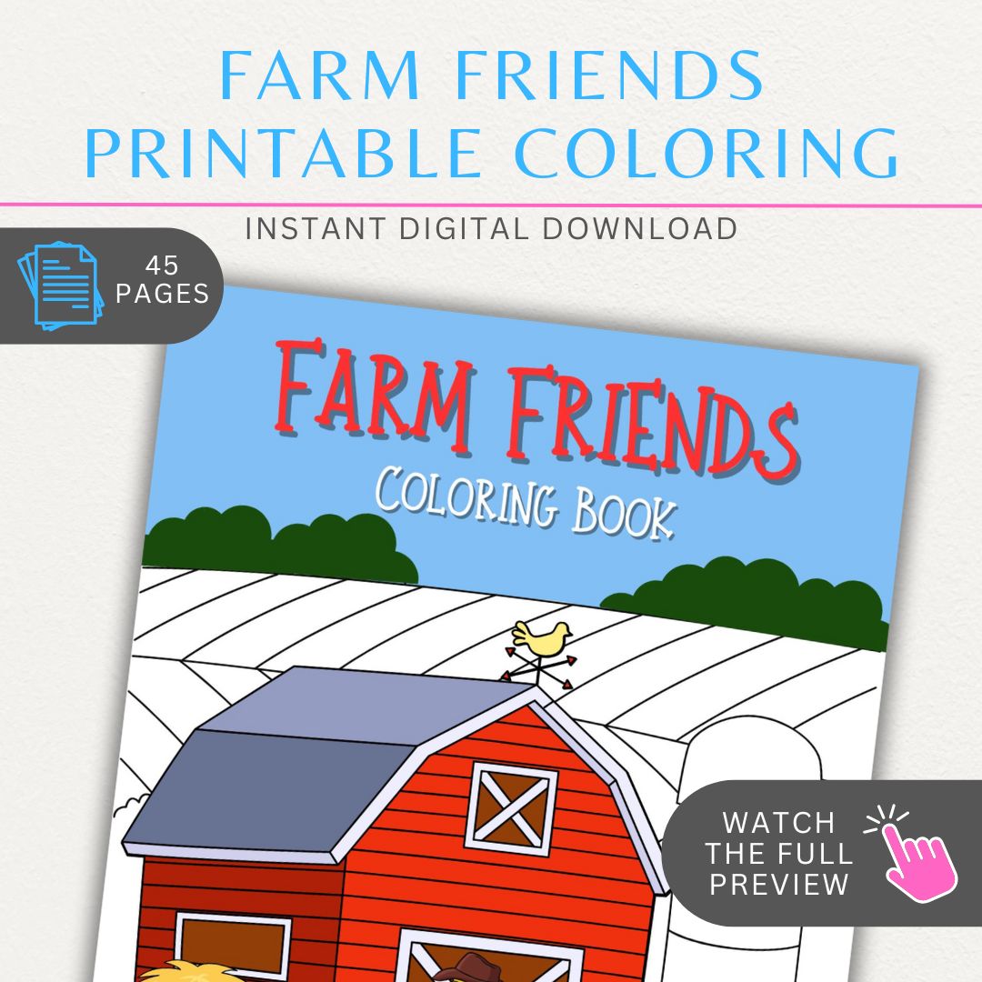 Farm Friends 45 Printable Coloring Pages featuring farm animals like cows, pigs, and chickens, ideal for kids and adults who love farm life and coloring.
