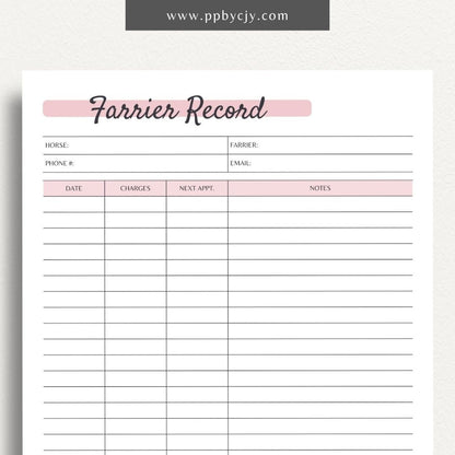 Equine Farrier Shoeing Record Printable PDF Template