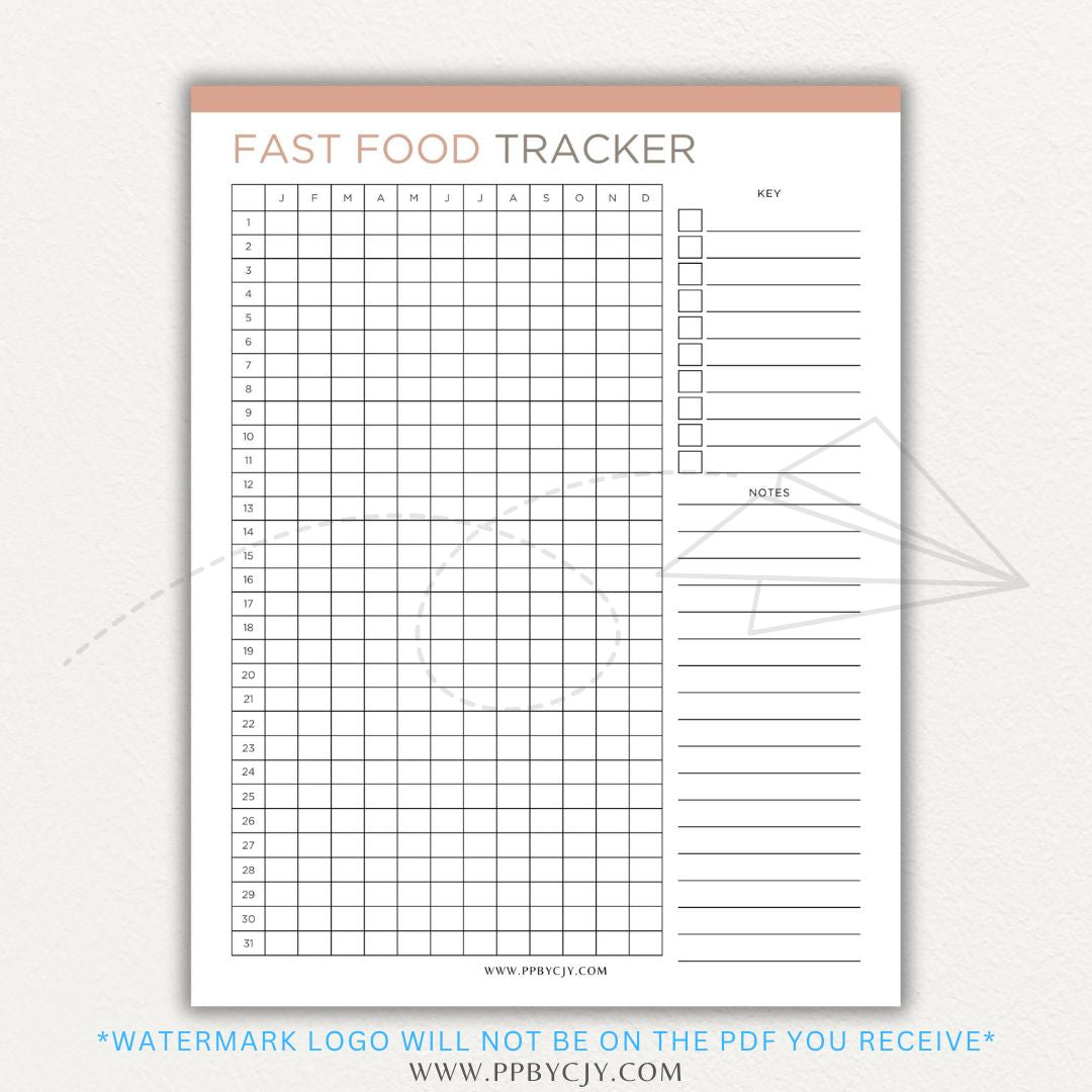 Fast Food Tracker Printable PDF Template for logging meals, expenses, and nutrition.