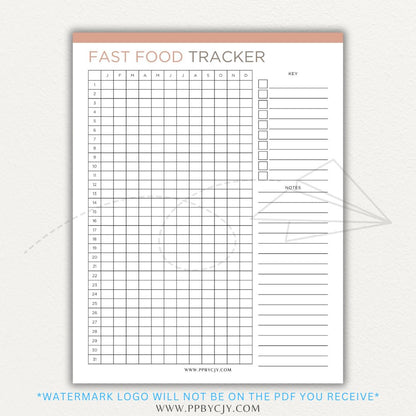 Fast Food Tracker Printable PDF Template for logging meals, expenses, and nutrition.