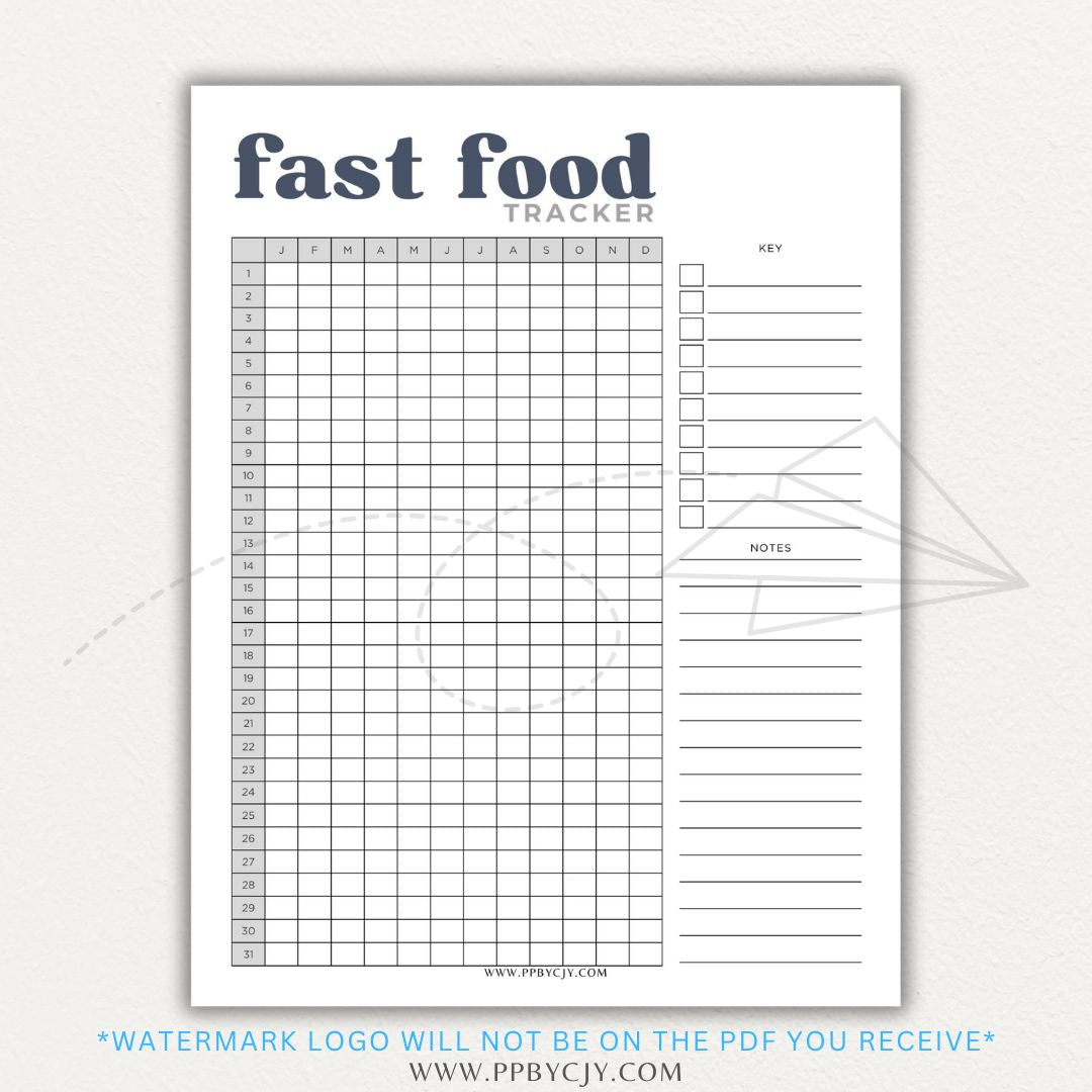 Fast Food Tracker Printable PDF Template for logging meals, expenses, and nutrition.