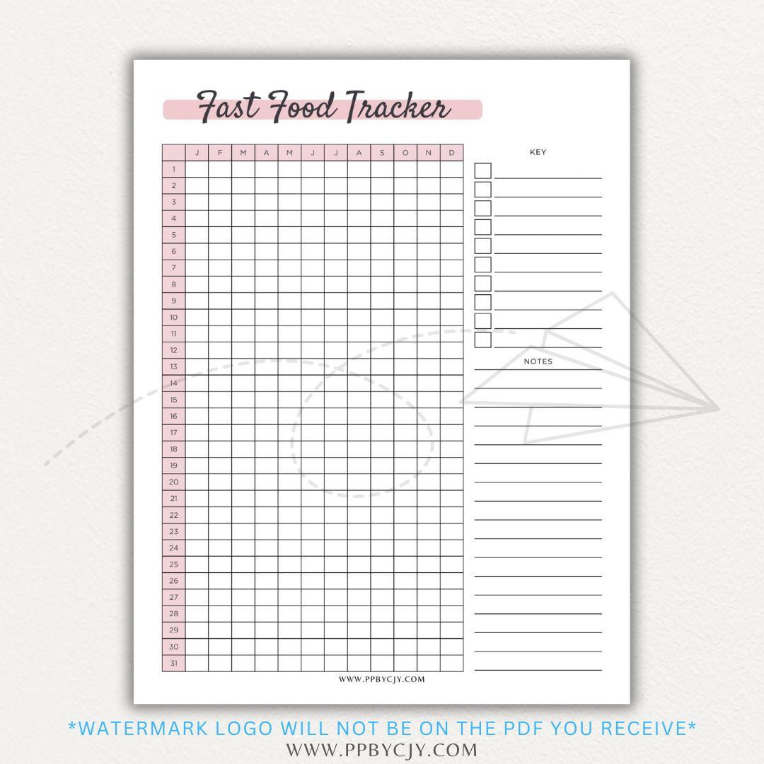 Fast Food Tracker Printable PDF Template for logging meals, expenses, and nutrition.