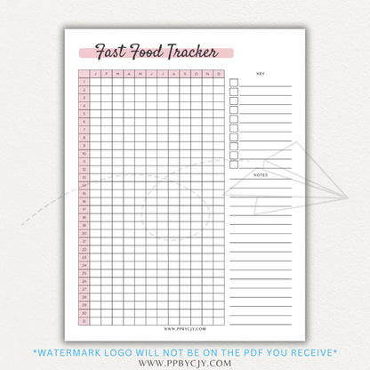 Fast Food Tracker Printable PDF Template for logging meals, expenses, and nutrition.