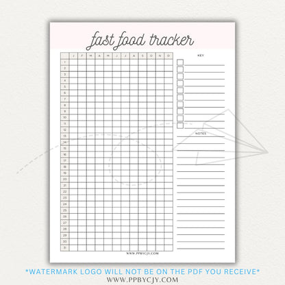 Fast Food Tracker Printable PDF Template for logging meals, expenses, and nutrition.