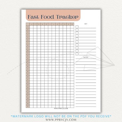 Fast Food Tracker Printable PDF Template for logging meals, expenses, and nutrition.