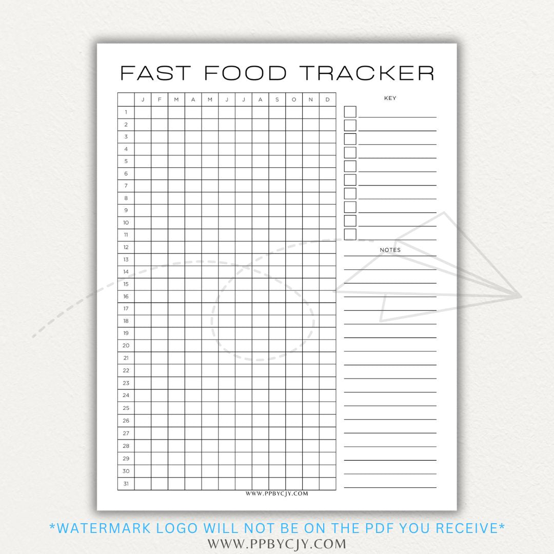 Fast Food Tracker Printable PDF Template for logging meals, expenses, and nutrition.